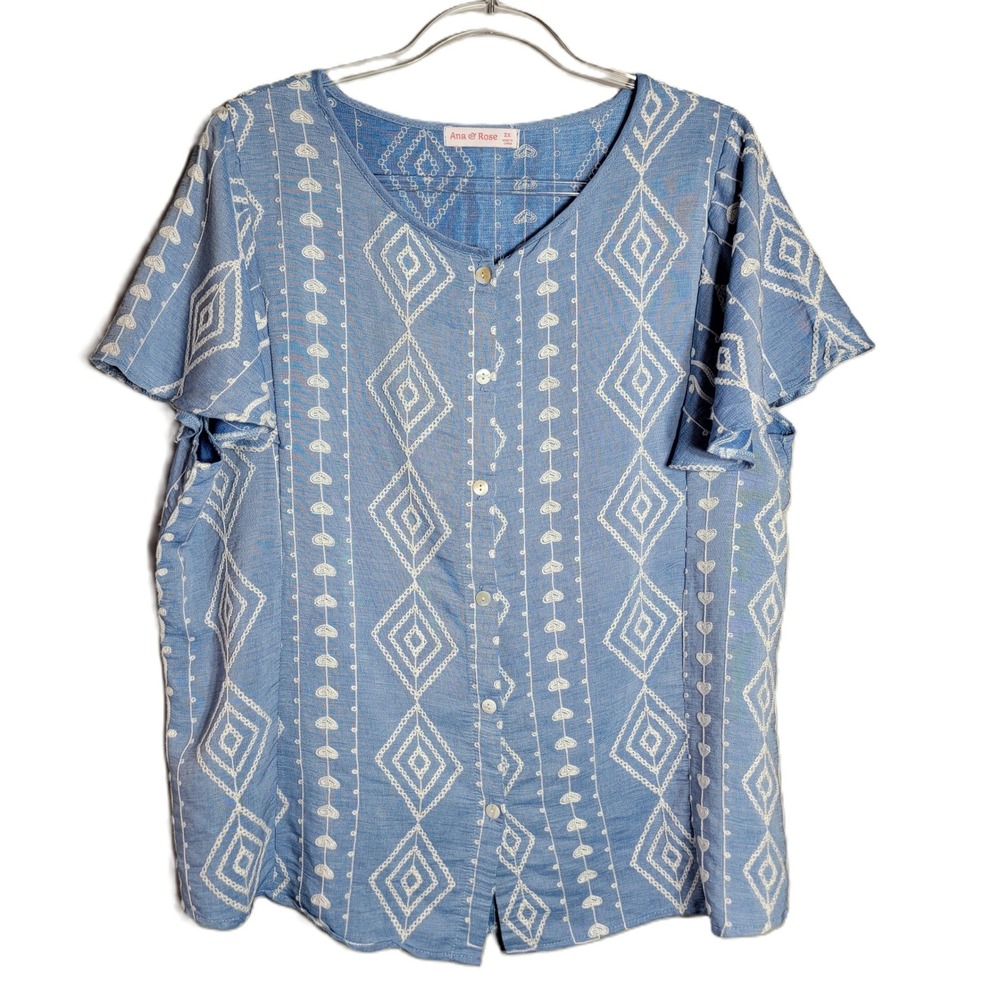 Ana & Rose Women 2X Blue White Embroidered Boho Flutter Sleeve Button Top‎
